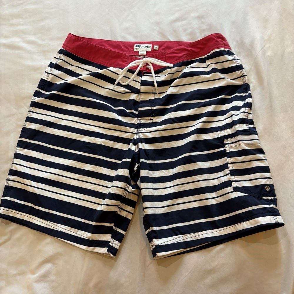 J Crew Swim Trunks Board Shorts Navy Stripe Lined Mens Size 36, 9" inseam Pocket